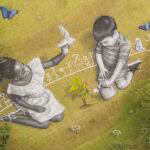 ２人の子供が描く大きな「理想の世界」ナイロビの国連事務所に登場したアート作品＝２月２３日撮影、ケニア・ナイロビ（ＥＰＡ時事）