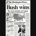 ワシントン・タイムズ1988年11月9日付。レーガン政権で副大統領を務めたジョージ・ブッシュ候補が第41代米大統領になった