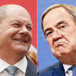 (左)27日、ベルリンで、ドイツ総選挙の結果を受け笑顔を見せる社民党のショルツ首相候補(EPA時事)、(右)26日、ベルリンで演説するドイツのキリスト教民主・社会同盟(CDU・CSU)のラシェット首相候補(AFP時事)